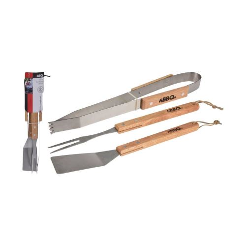 Инструменти за барбекю, неръждаема стомана, дървена дръжка, комплект (3 части)