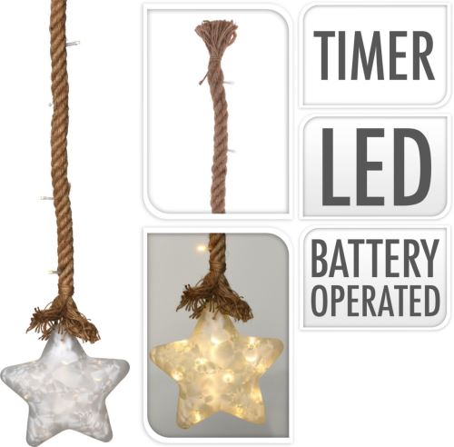LED STAR светлина с размер 20 см, на въже 95 см с таймер, стъклена перла