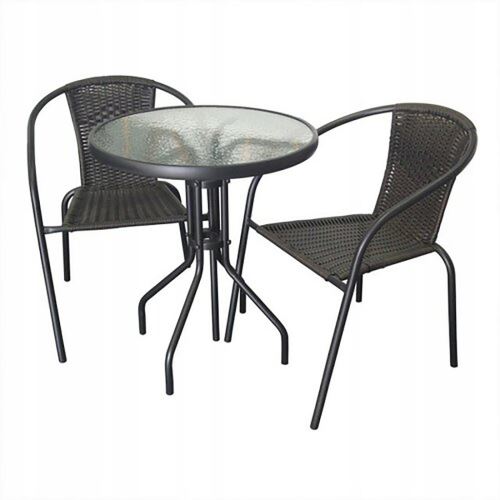 Градински комплект от ратан (маса, 2 стола), бежово/черно, пластмаса-стъкло-метал