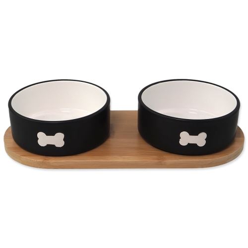 Комплект DOG FANTASY керамични купички с поднос черна кост 2x 13 x 5,5 cm 400 ml