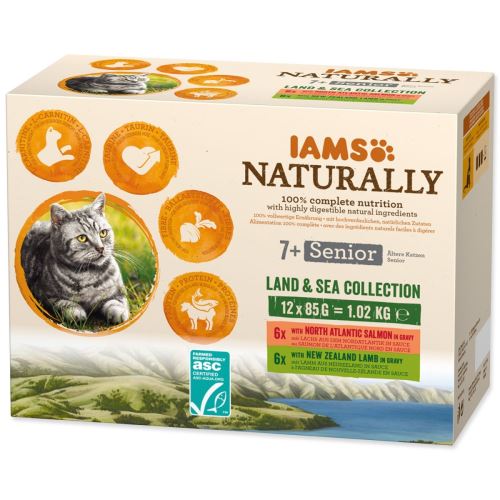 IAMS Naturally Senior морско и сухоземно месо в сос в многократна опаковка (12x85g) 1020 g