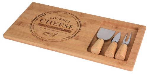 Дъска за сирене от бамбук, комплект от 4 части (дъска 38x18,5x1,5cm, 2x нож, 1x вилица)
