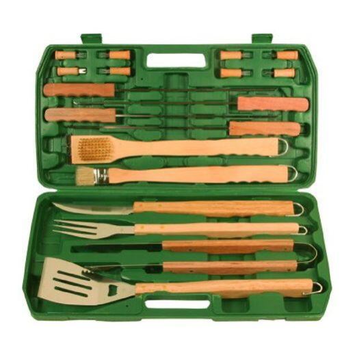 Инструменти за грил с дървена дръжка, неръждаема стомана, комплект (18 части), калъф